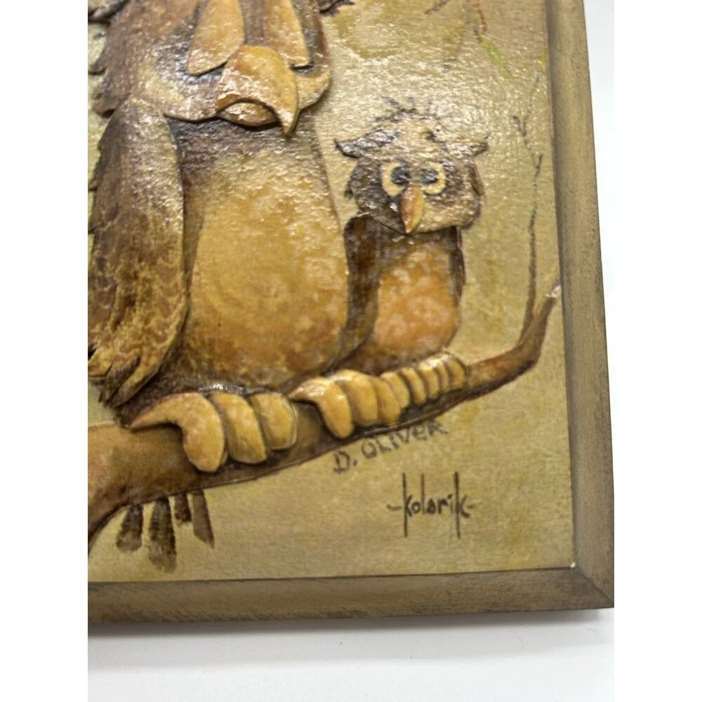 VTG Wooden Decoupage Owl Plaque‎ MCM Gallery Wall Green Brown D.Oliver Kolarik